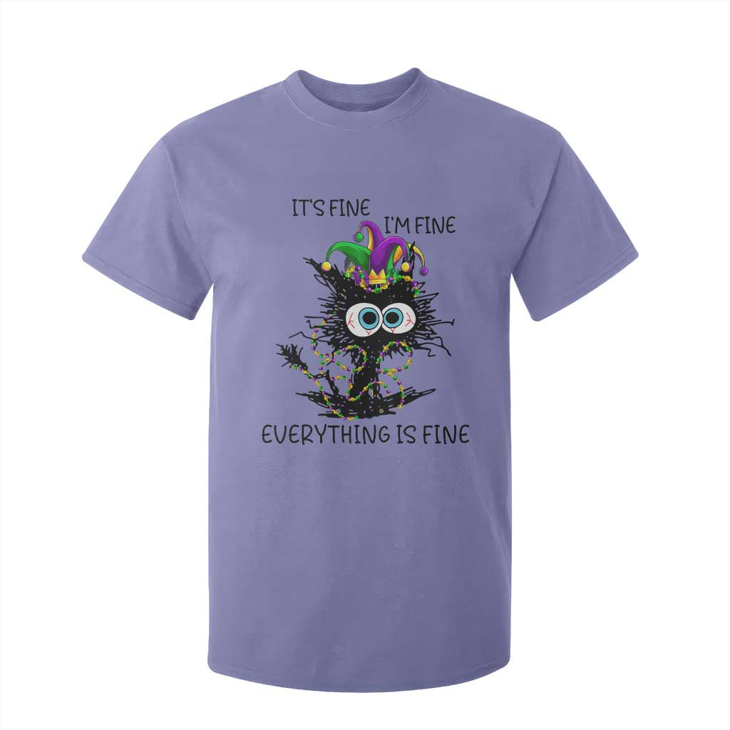 Funny Mardi Gras Cat T Shirt For Kid It's Fine I'm Fine Everything Is Fine Jester Hat Beads TS11 Violet Print Your Wear