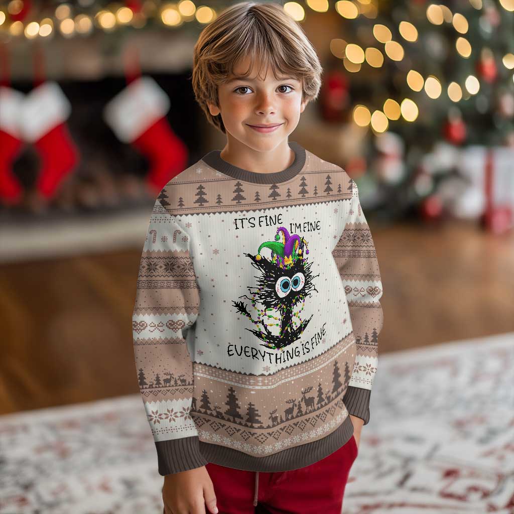Funny Mardi Gras Cat Ugly Christmas Sweater It's Fine I'm Fine Everything Is Fine Jester Hat Beads TS11 Mocha Mousse Print Your Wear