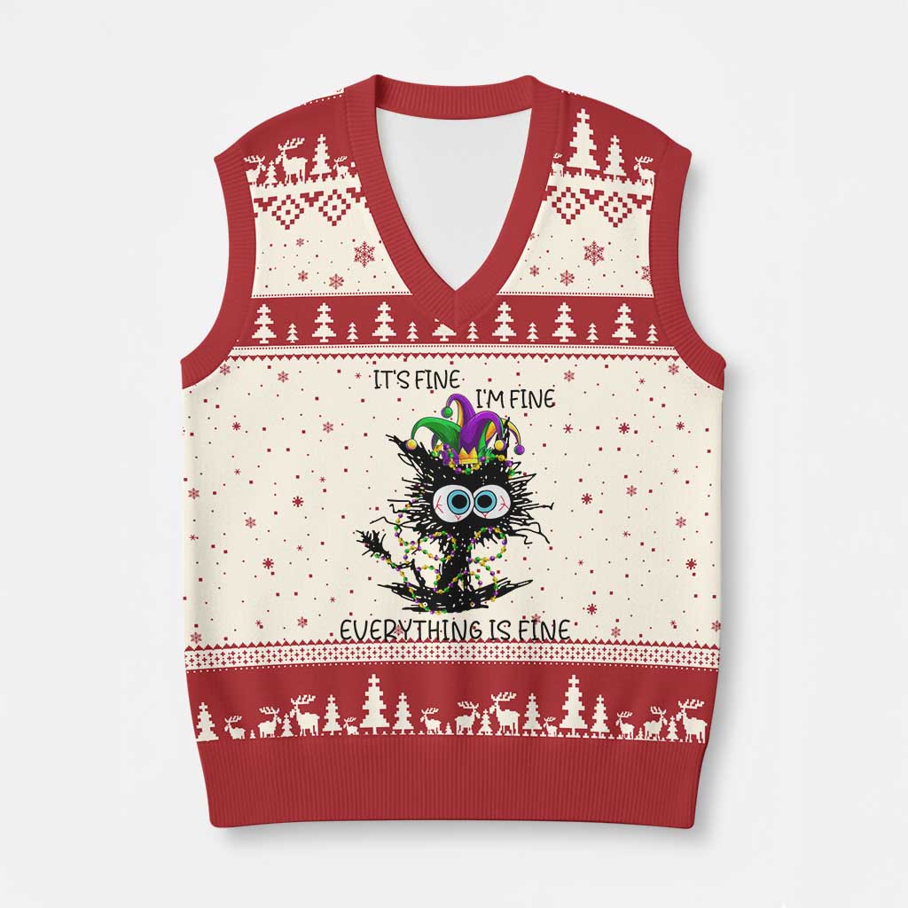 Funny Mardi Gras Cat V-Neck Knit Sweater Vest It's Fine I'm Fine Everything Is Fine Jester Hat Beads TS11 Beige Red Print Your Wear