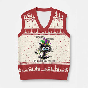Funny Mardi Gras Cat V-Neck Knit Sweater Vest It's Fine I'm Fine Everything Is Fine Jester Hat Beads TS11 Beige Red Print Your Wear