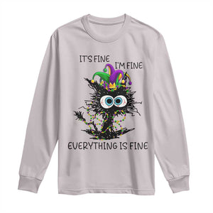 Funny Mardi Gras Cat Long Sleeve Shirt It's Fine I'm Fine Everything Is Fine Jester Hat Beads TS11 Ice Gray Print Your Wear