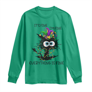 Funny Mardi Gras Cat Long Sleeve Shirt It's Fine I'm Fine Everything Is Fine Jester Hat Beads TS11 Irish Green Print Your Wear