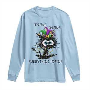 Funny Mardi Gras Cat Long Sleeve Shirt It's Fine I'm Fine Everything Is Fine Jester Hat Beads TS11 Light Blue Print Your Wear