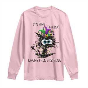 Funny Mardi Gras Cat Long Sleeve Shirt It's Fine I'm Fine Everything Is Fine Jester Hat Beads TS11 Light Pink Print Your Wear