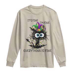 Funny Mardi Gras Cat Long Sleeve Shirt It's Fine I'm Fine Everything Is Fine Jester Hat Beads TS11 Sand Print Your Wear