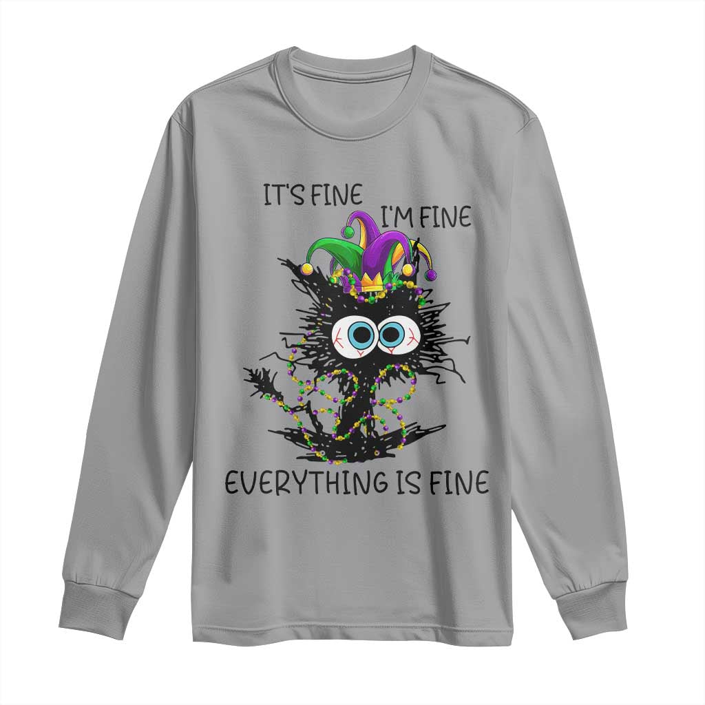 Funny Mardi Gras Cat Long Sleeve Shirt It's Fine I'm Fine Everything Is Fine Jester Hat Beads TS11 Sport Gray Print Your Wear
