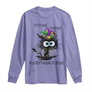 Funny Mardi Gras Cat Long Sleeve Shirt It's Fine I'm Fine Everything Is Fine Jester Hat Beads TS11 Violet Print Your Wear