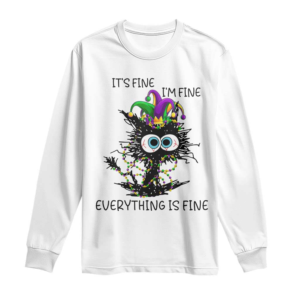 Funny Mardi Gras Cat Long Sleeve Shirt It's Fine I'm Fine Everything Is Fine Jester Hat Beads TS11 White Print Your Wear