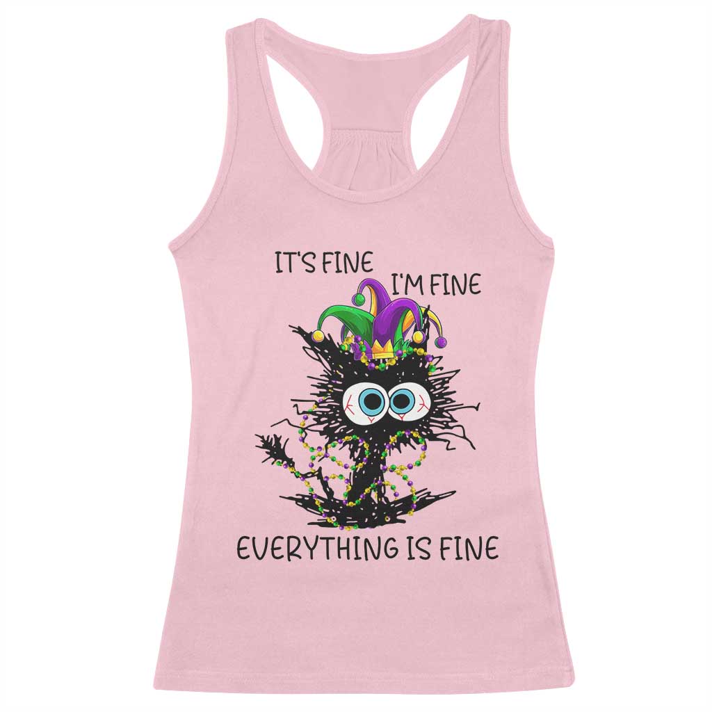 Funny Mardi Gras Cat Racerback Tank Top It's Fine I'm Fine Everything Is Fine Jester Hat Beads TS11 Light Pink Print Your Wear