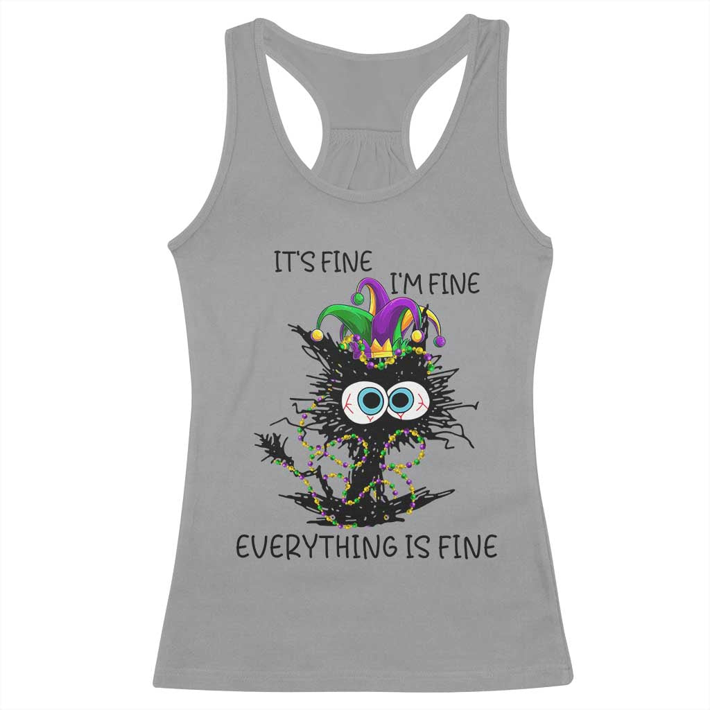 Funny Mardi Gras Cat Racerback Tank Top It's Fine I'm Fine Everything Is Fine Jester Hat Beads TS11 Sport Gray Print Your Wear