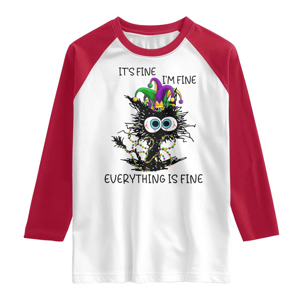 Funny Mardi Gras Cat Raglan Shirt It's Fine I'm Fine Everything Is Fine Jester Hat Beads TS11 White Red Print Your Wear