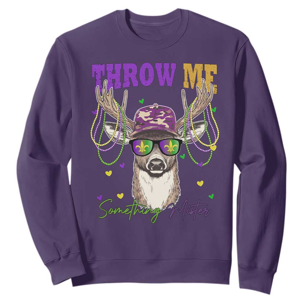 Funny Mardi Gras Mississippi Deer Sweatshirt Throw Me Something Mister Beads TS11 Purple Print Your Wear