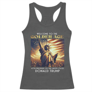 Trump 2025 Welcome To The Golden Age Racerback Tank Top 47th President Of United States Statue Of Liberty TS11 Dark Heather Print Your Wear