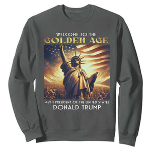 Trump 2025 Welcome To The Golden Age Sweatshirt 47th President Of United States Statue Of Liberty TS11 Dark Heather Print Your Wear