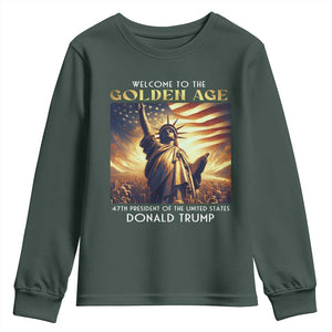 Trump 2025 Welcome To The Golden Age Youth Sweatshirt 47th President Of United States Statue Of Liberty TS11 Dark Forest Green Print Your Wear