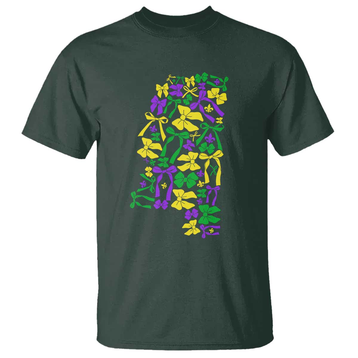 Funny Mardi Gras Mississippi Map Coquette Bow T Shirt TS11 Dark Forest Green Print Your Wear