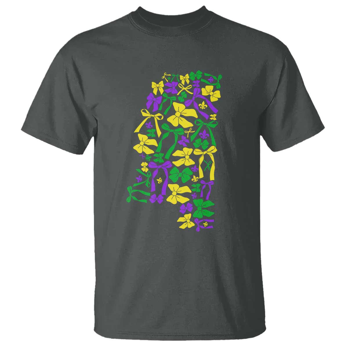 Funny Mardi Gras Mississippi Map Coquette Bow T Shirt TS11 Dark Heather Print Your Wear