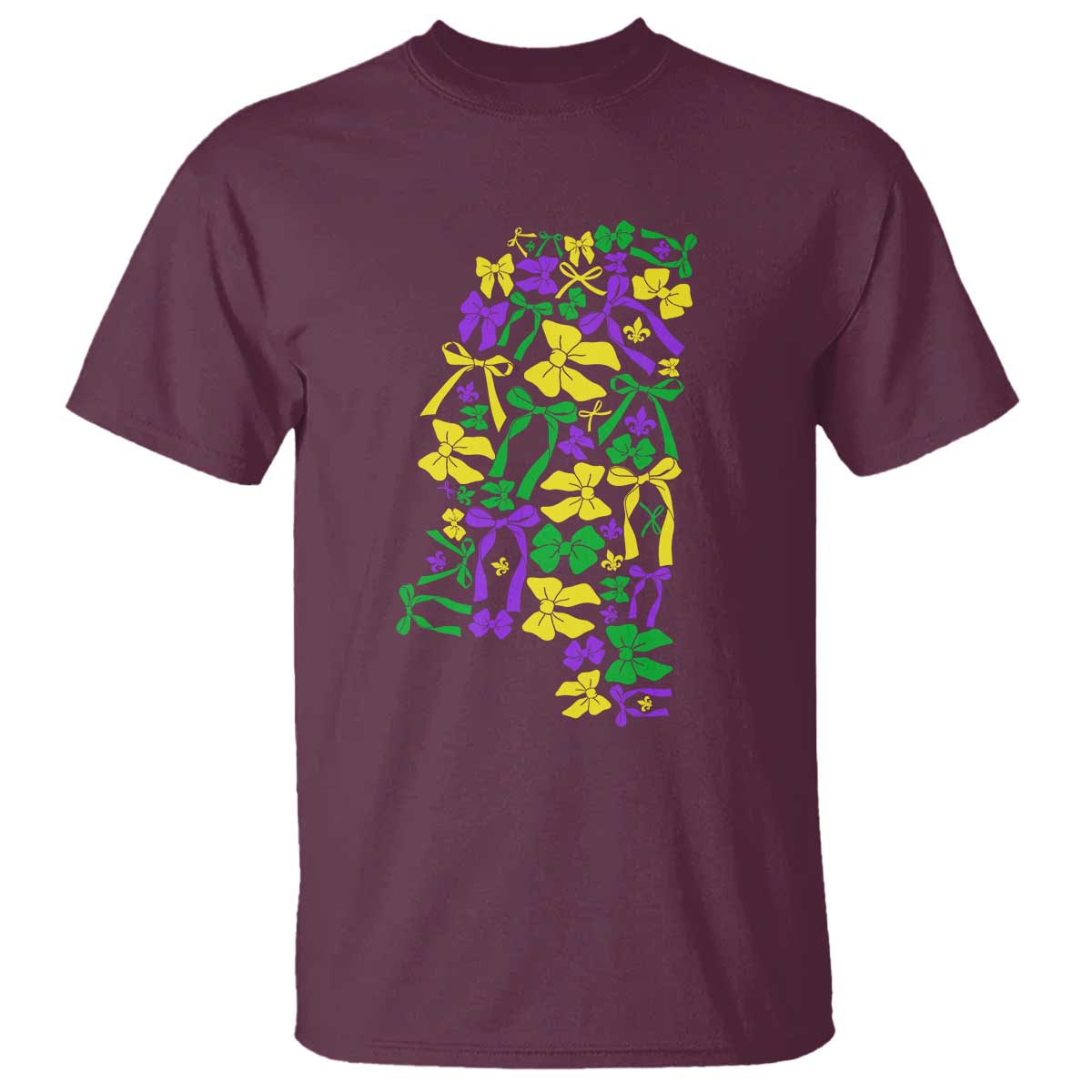 Funny Mardi Gras Mississippi Map Coquette Bow T Shirt TS11 Maroon Print Your Wear