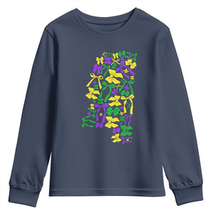 Funny Mardi Gras Mississippi Map Coquette Bow Youth Sweatshirt TS11 Navy Print Your Wear