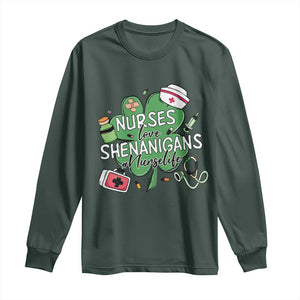 Funny St Patrick's Day Nurse Long Sleeve Shirt Nurses Love Shenanigans Nurse Life Shamrock TS11 Dark Forest Green Print Your Wear