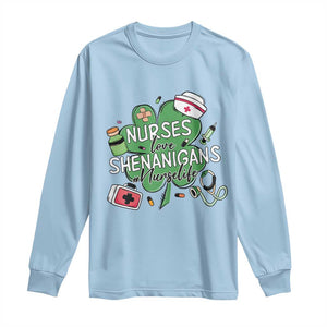 Funny St Patrick's Day Nurse Long Sleeve Shirt Nurses Love Shenanigans Nurse Life Shamrock TS11 Light Blue Print Your Wear