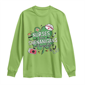 Funny St Patrick's Day Nurse Long Sleeve Shirt Nurses Love Shenanigans Nurse Life Shamrock TS11 Lime Print Your Wear