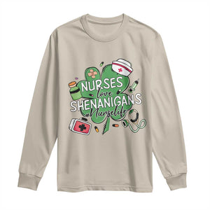 Funny St Patrick's Day Nurse Long Sleeve Shirt Nurses Love Shenanigans Nurse Life Shamrock TS11 Sand Print Your Wear