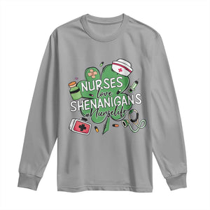 Funny St Patrick's Day Nurse Long Sleeve Shirt Nurses Love Shenanigans Nurse Life Shamrock TS11 Sport Gray Print Your Wear