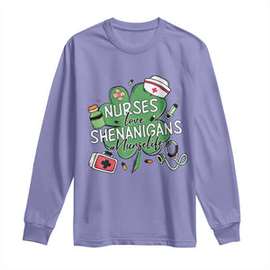 Funny St Patrick's Day Nurse Long Sleeve Shirt Nurses Love Shenanigans Nurse Life Shamrock TS11 Violet Print Your Wear