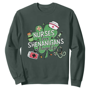 Funny St Patrick's Day Nurse Sweatshirt Nurses Love Shenanigans Nurse Life Shamrock TS11 Dark Forest Green Print Your Wear