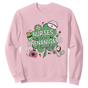 Funny St Patrick's Day Nurse Sweatshirt Nurses Love Shenanigans Nurse Life Shamrock TS11 Light Pink Print Your Wear