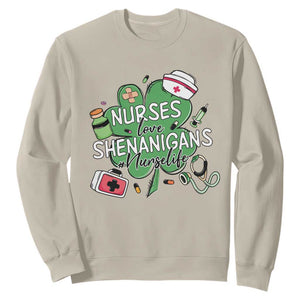 Funny St Patrick's Day Nurse Sweatshirt Nurses Love Shenanigans Nurse Life Shamrock TS11 Sand Print Your Wear