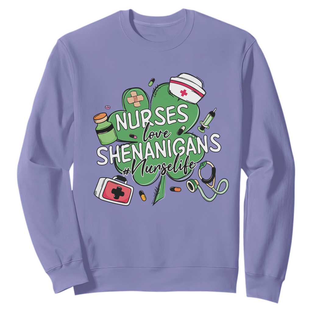 Funny St Patrick's Day Nurse Sweatshirt Nurses Love Shenanigans Nurse Life Shamrock TS11 Violet Print Your Wear