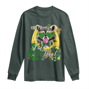 Funny St Patrick's Day Racoon Long Sleeve Shirt Kiss Me I'm Feral Horseshoe Shamrock TS11 Dark Forest Green Print Your Wear