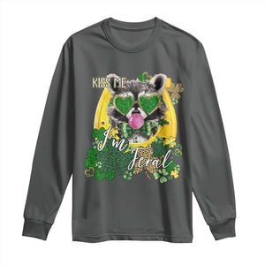 Funny St Patrick's Day Racoon Long Sleeve Shirt Kiss Me I'm Feral Horseshoe Shamrock TS11 Dark Heather Print Your Wear