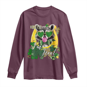 Funny St Patrick's Day Racoon Long Sleeve Shirt Kiss Me I'm Feral Horseshoe Shamrock TS11 Maroon Print Your Wear