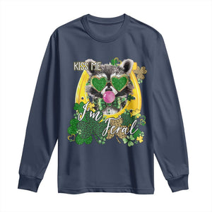 Funny St Patrick's Day Racoon Long Sleeve Shirt Kiss Me I'm Feral Horseshoe Shamrock TS11 Navy Print Your Wear