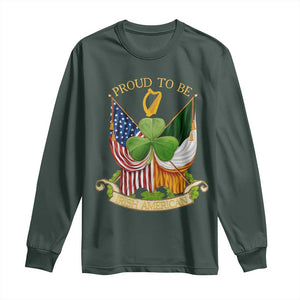 Proud To Be Irish American Long Sleeve Shirt Vintage Ireland USA Flag Shamrock Harp TS11 Dark Forest Green Print Your Wear