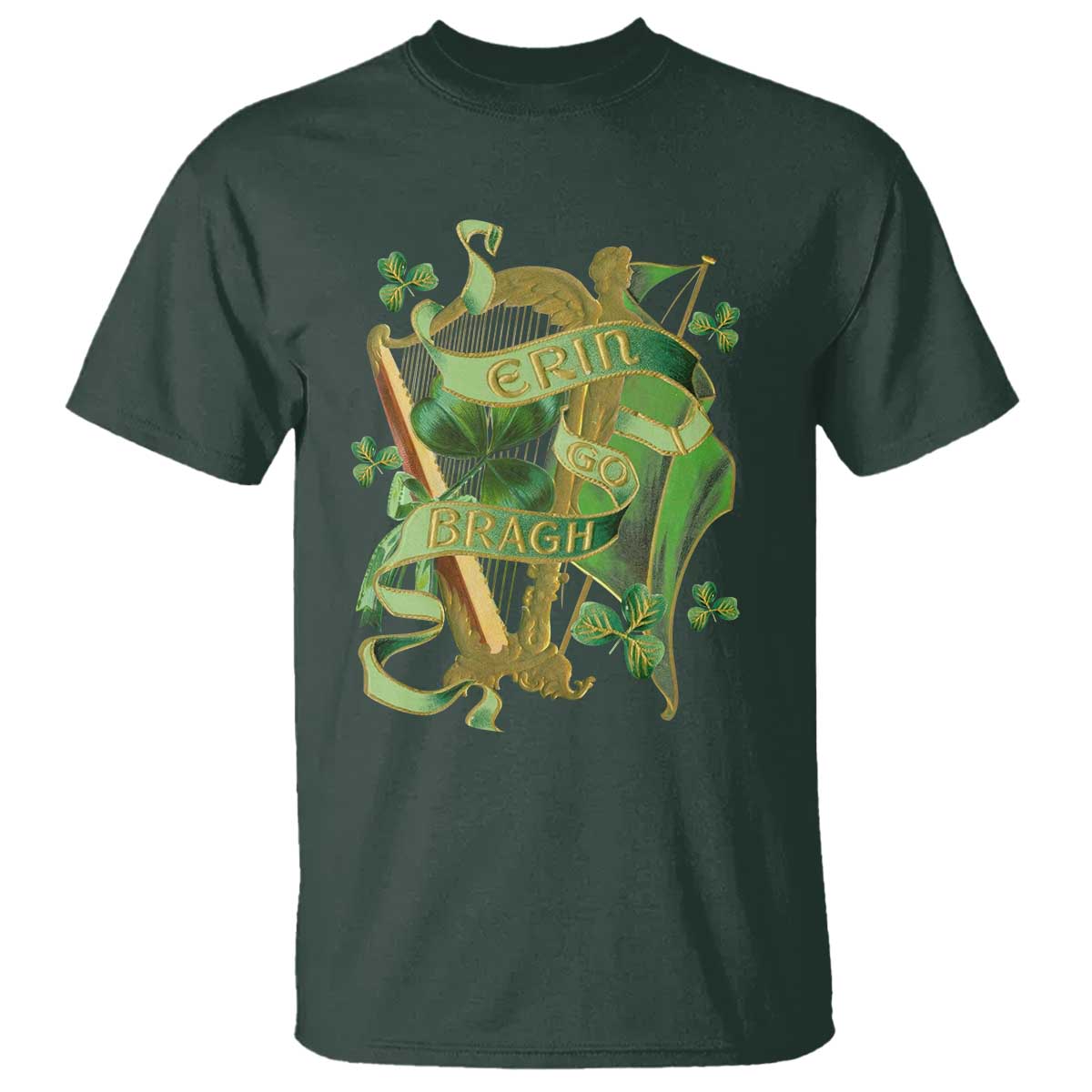 Irish Pride T Shirt Erin Go Bragh Harp Shamrock St Patrick's Day TS11 Dark Forest Green Print Your Wear