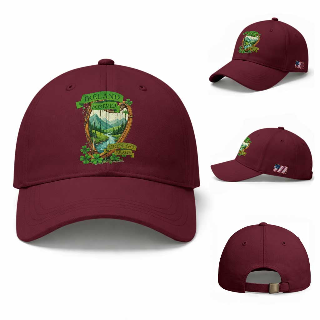 Irish Pride Baseball Cap Ireland Forever Erin Go Bragh Harp Shamrock TS11 Baseball Cap Universal Fit Maroon Print Your Wear