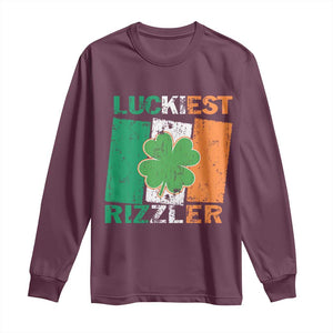 Funny St Patrick's Day Luckiest Rizzler Long Sleeve Shirt Vintage Ireland Flag Shamrock TS11 Maroon Print Your Wear