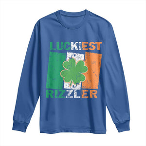 Funny St Patrick's Day Luckiest Rizzler Long Sleeve Shirt Vintage Ireland Flag Shamrock TS11 Royal Blue Print Your Wear