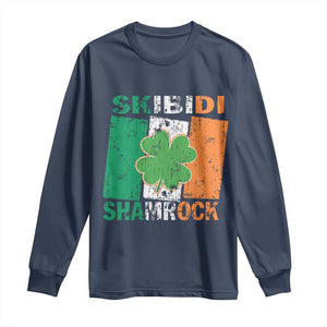 Funny St Patrick's Day Skibidi Shamrock Long Sleeve Shirt Vintage Ireland Flag Shamrock TS11 Navy Print Your Wear