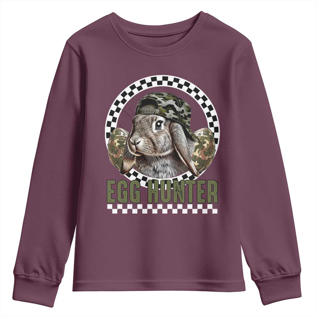 Funny Easter Day Egg Hunter Youth Sweatshirt Bunny Hunting Camo Egg TS11 Maroon Print Your Wear
