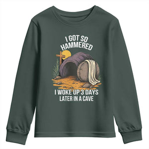 Christian Easter Day Religious Stone Youth Sweatshirt I Got So Hammered I Woke Up 3 Days Later In A Cave TS11 Dark Forest Green Print Your Wear