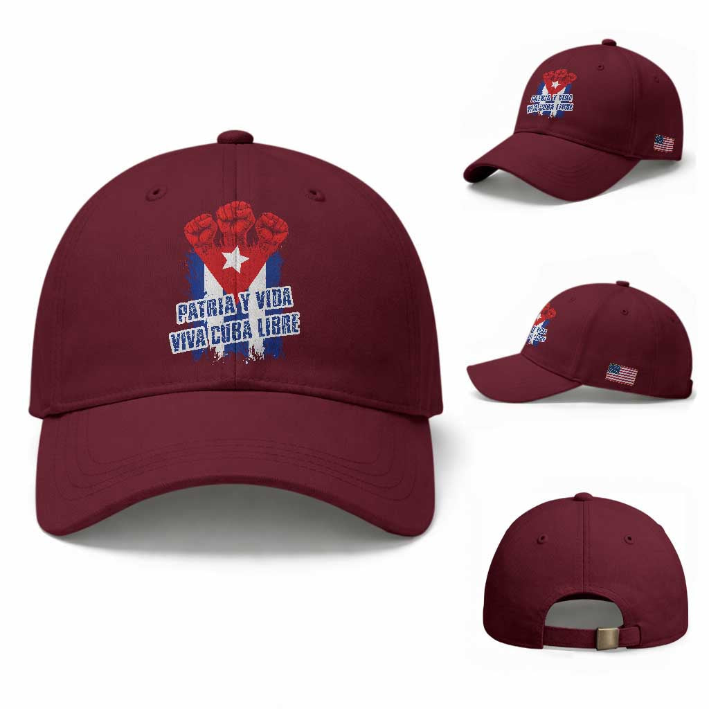 Patria y Vida Cuba Libre Baseball Cap Cuba Flag Fist Freedom Movement TS11 Baseball Cap Universal Fit Maroon Print Your Wear