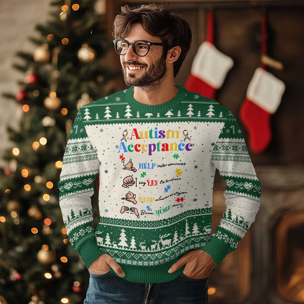 Autism Awareness Acceptance Hand Sign Language SPED Teacher Ugly Christmas Sweater TS11 Beige Green Print Your Wear