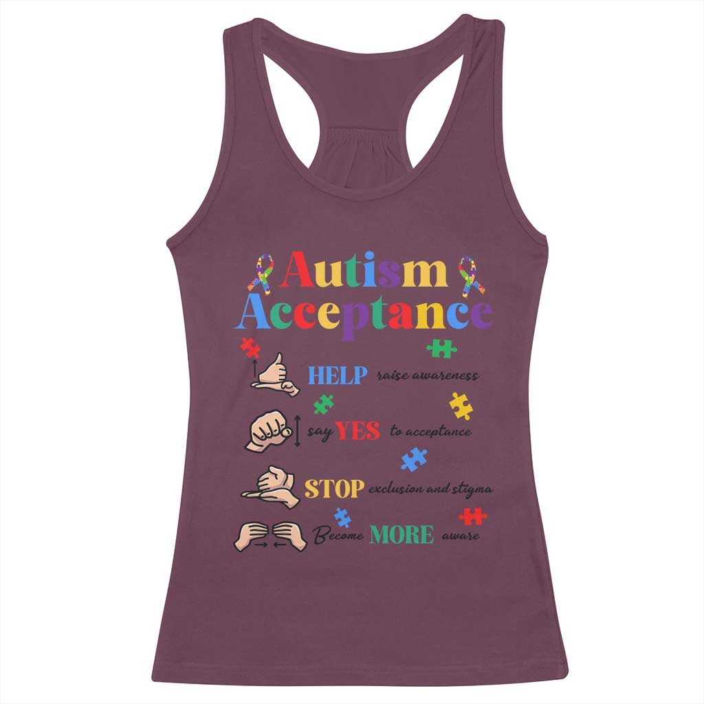 Autism Awareness Acceptance Hand Sign Language SPED Teacher Racerback Tank Top TS11 Maroon Print Your Wear