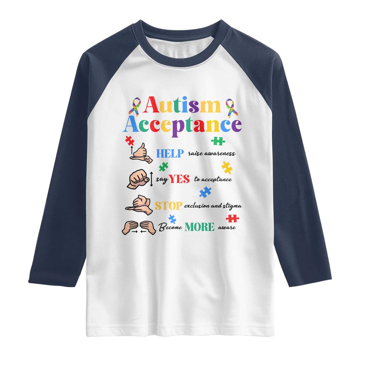 Autism Awareness Acceptance Hand Sign Language SPED Teacher Raglan Shirt TS11 White Navy Print Your Wear