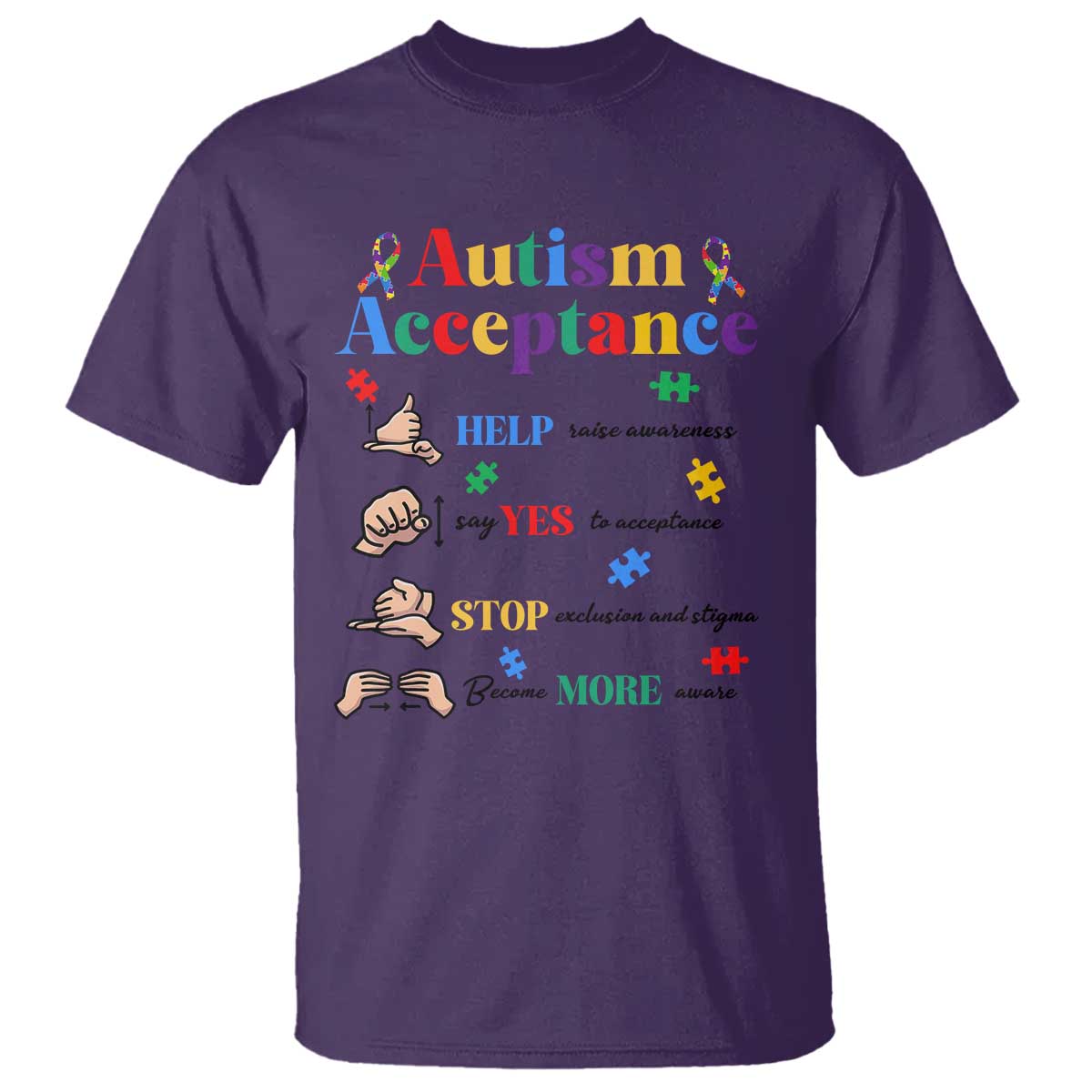 Autism Awareness Acceptance Hand Sign Language SPED Teacher T Shirt TS11 Purple Print Your Wear